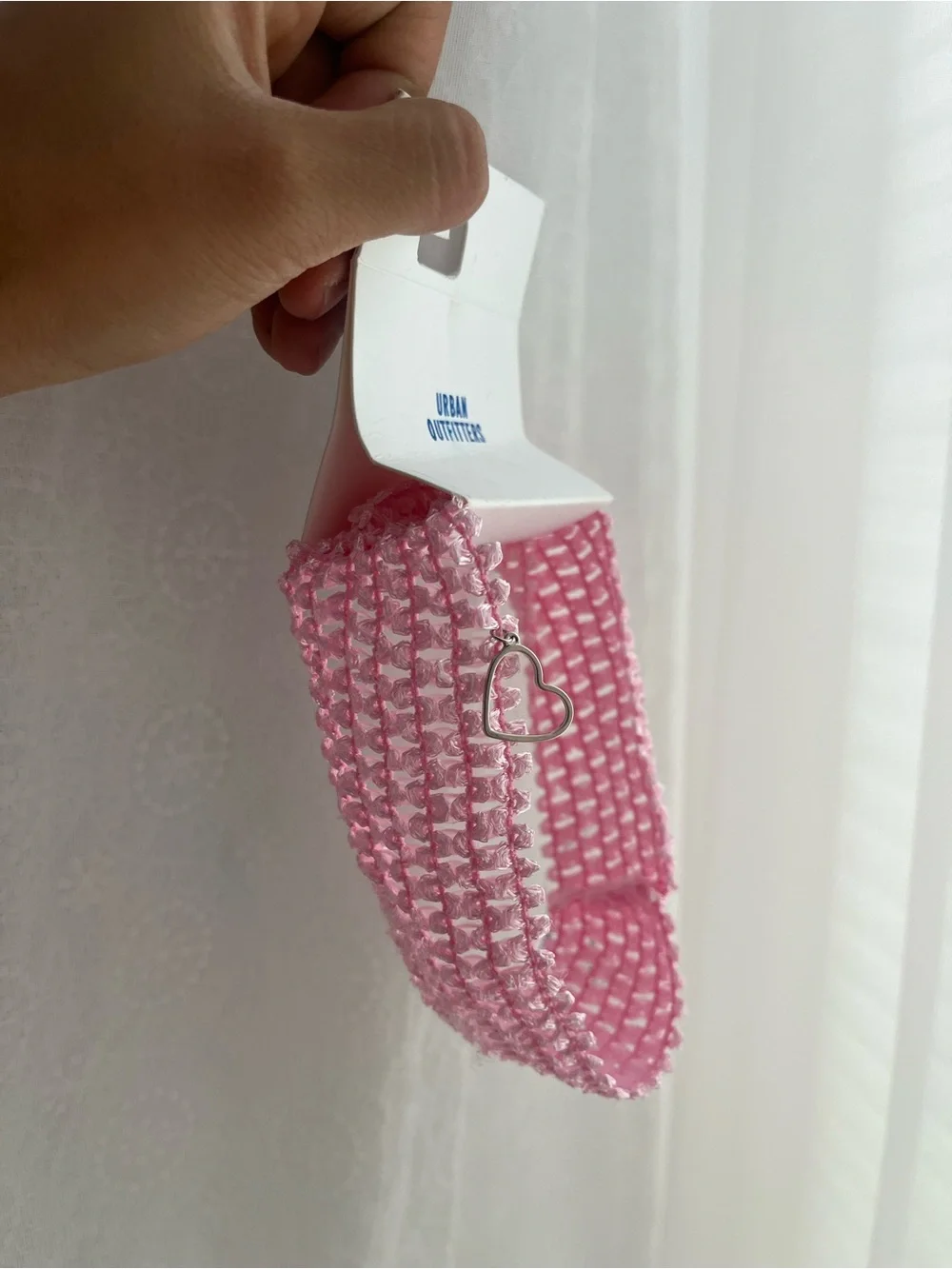 BNWT Urban Outfitters Light Pink Crochet Headband with Heart Charm